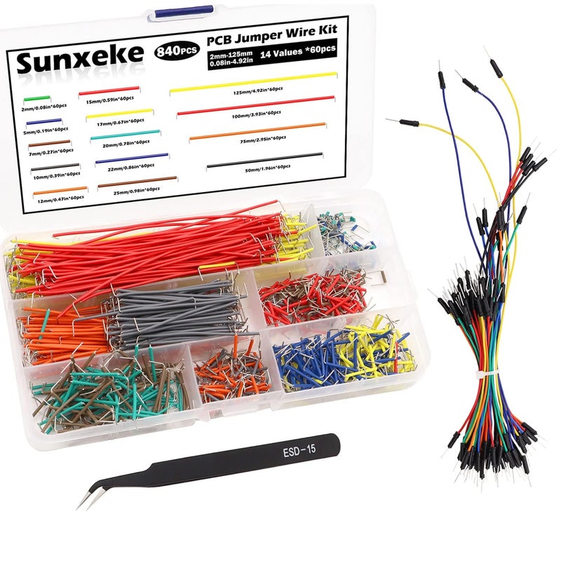 Sunxeke 840Pcs Jumper Wire Kit Solderless Flexible Breadboard 14 Lengths Assorted Preformed Breadboard with 65Pcs Breadboard Jumper Wires, Tweezers & Plastic Box - Image 5
